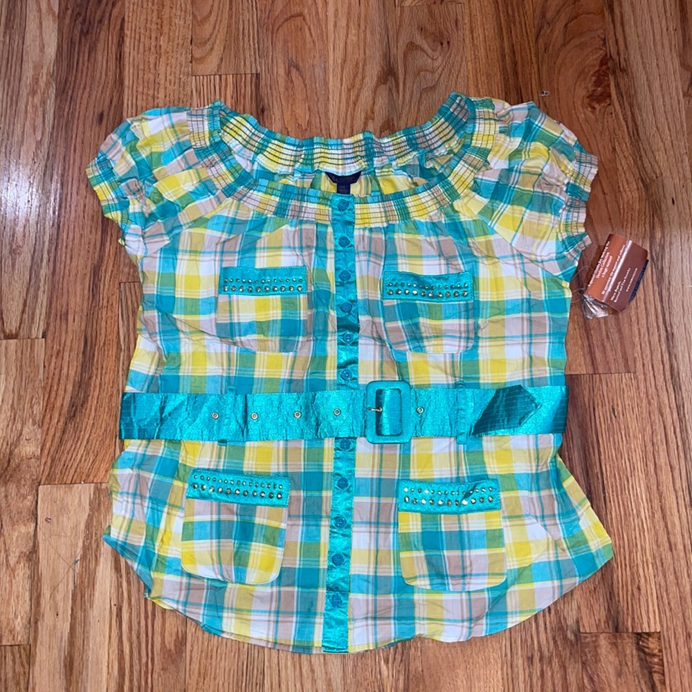 NEW ! Dereon  Belt plaid snap down POPLIN SHOULDER Shirt 1X 14 16 PLUS